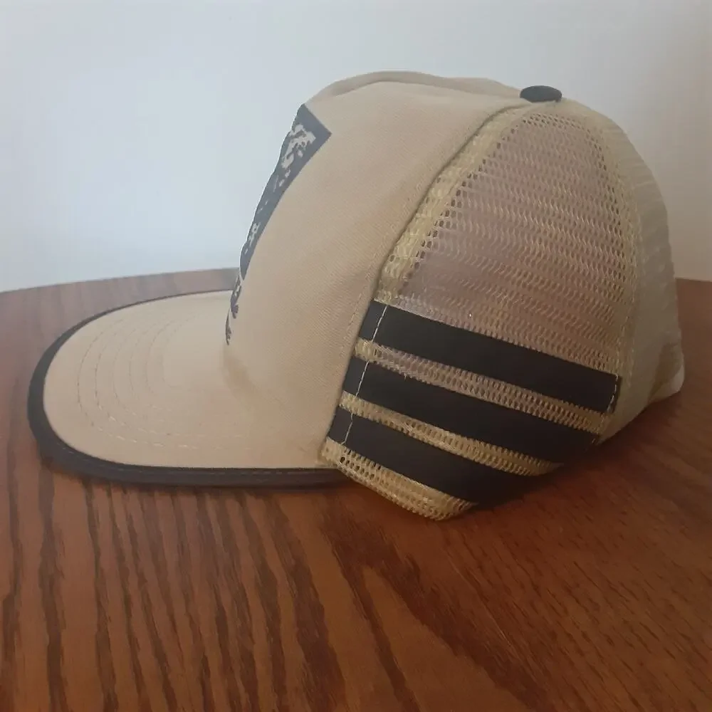 Vintage Alpha Tile We Know Tile 3 Stripe Trucker Hat Beige Blue
